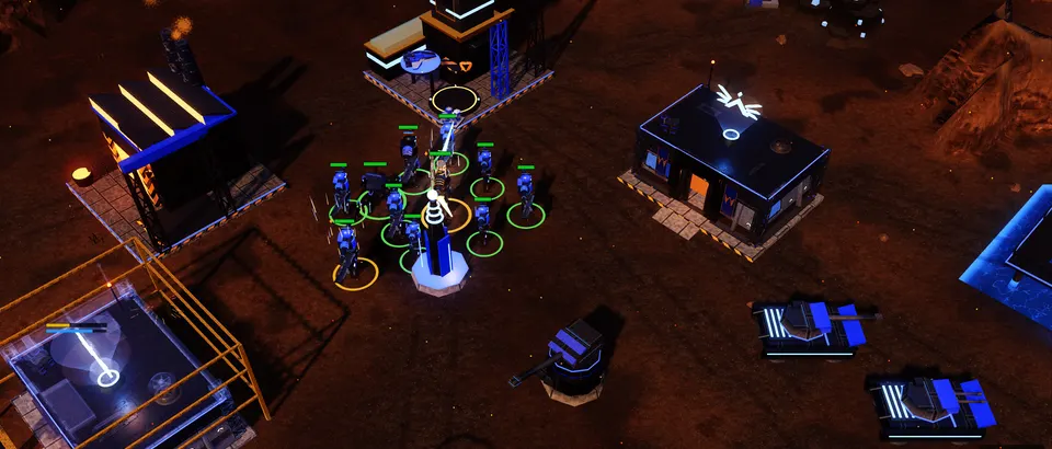 A human base at dusk: a squad musters at the command spire while Bulwark hover tanks hold the flank