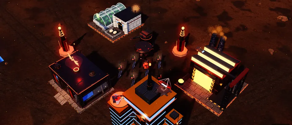 An Unbound raider stronghold: blood-red lights, a smoking forge and a guarded compound