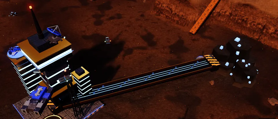 The Terminus spaceport hub, its lit ore lane running out to a Starsteel mine